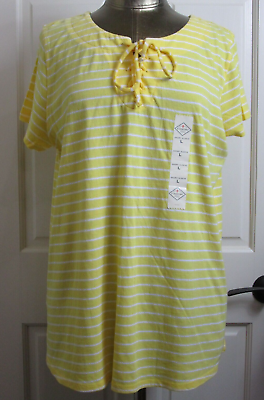 #ad NWT St Johns Bay Yellow Striped Shirt Womens Size L Chest 44 Lace Up 324 28287 $19.95