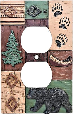 #ad Cabin Woodland Bear Canoe Double Outlet Receptacle Cover Wall Plate LodgeDecor $14.99
