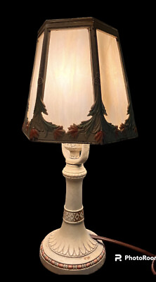 #ad ANTIQUE VICTORIAN BOUDOIR 6 PANEL SLAG GLASS ART NOUVEAU LAMP FLORAL DESIGN $139.00