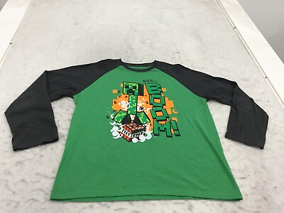 #ad Minecraft Mojang T Shirt Husky XL Green Graphic Print Long Sleeve Spell Out Boom $2.40