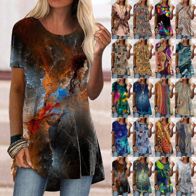 #ad Women Boho Floral Print Long Tops Tunic T Shirt Loose Short Sleeve Blouse Size $18.49