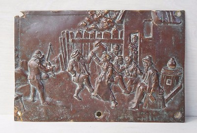 #ad Vintage Tin Copper Sign of Dancing European People Wall Hanging Decorative Art $34.00