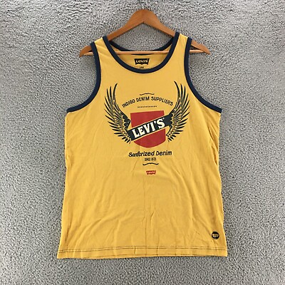 #ad Levis Tank Top Mens L Yellow Cotton Blend Basic Ringer Sleeveless Pullover Print $17.09