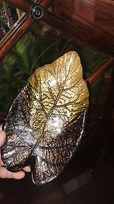 #ad Vtg Handcrafted Leaf Glass Gold Trinket Tray Jewelry Dish Centerpiece 11x5 $19.99