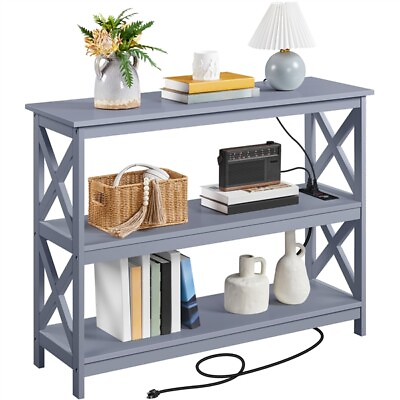 #ad Console Table with Power Outlet 3 Tier Sofa Side Table Wood Entryway Table Gray $79.99