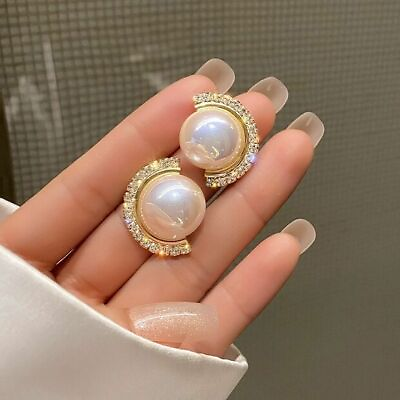 #ad Fashion Women Stud Earrings 18k Yellow Gold Plated White Pearl Wedding Jewelry $2.29
