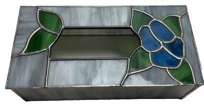#ad Vintage Leaded Stained Glass Tissue Box Holder Gray Blue Flower Green Leaves $39.99