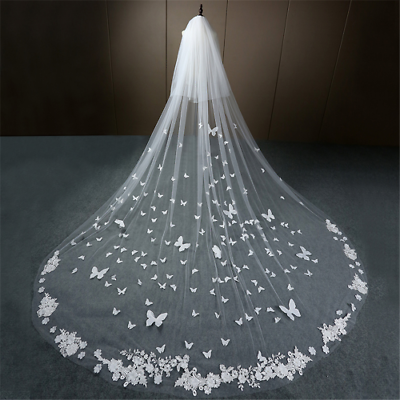 #ad Wedding Veil Long Lace Edge 3D Butterfly Floral Appliques Bridal Veil with Comb $65.49