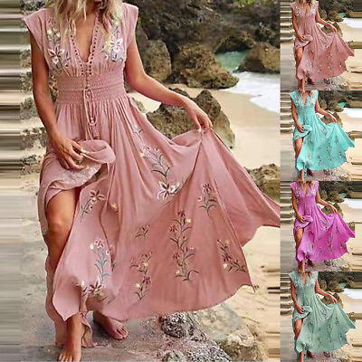 #ad #ad Womens Boho Floral Maxi Dress Ladies V Neck Summer Beach Holiday Long Sundress $23.69