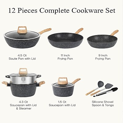 #ad Frying Pans Pots Saucepan Steamer 12pc Non Stick Black Induction Dishwasher Safe $139.95