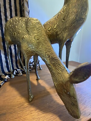 #ad Large Pair Mid Century Brass Spotted Buck Doe Deer Statue Reindeer Figurine Set $125.00