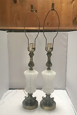 #ad Art Glass Table Lamps Pair Vintage MCM Hollywood Regency White Splatter Design. $174.95