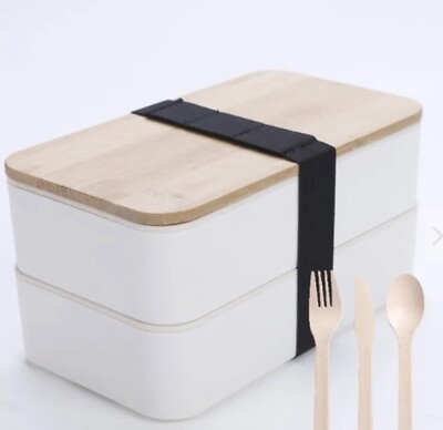 #ad Japanese Bento Box Bamboo Lid 2 Layer Lunch Box Meal Prep Utensils White $15.75