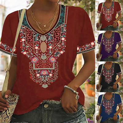 #ad Women#x27;s V Neck Floral Printed T Shirt Ladies Summer Short Sleeve Casual Tops Tee $14.25