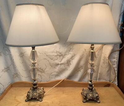 #ad Brass And Clear Lucite Electric Table Lamps Pair w out shades $99.99