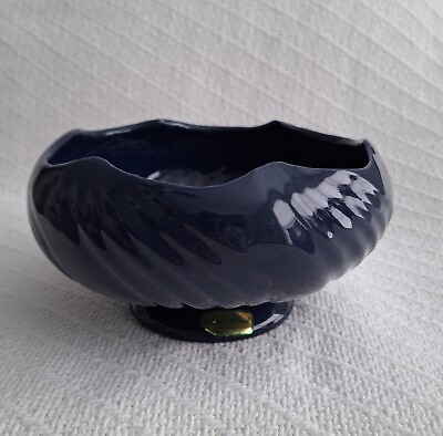#ad Haegar Pottery Vase Centerpiece Compote Bowl 9quot; Footed Cobalt Vintage Labeled $27.99