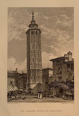 #ad Tower Slanted Of Zaragoza Engraving Antique Century $40.15