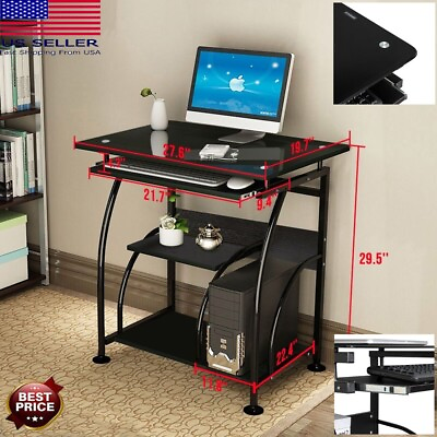 #ad Computer Desk Table Metal Multifunctional Flat Surface Tempered Glass With Tray $77.99