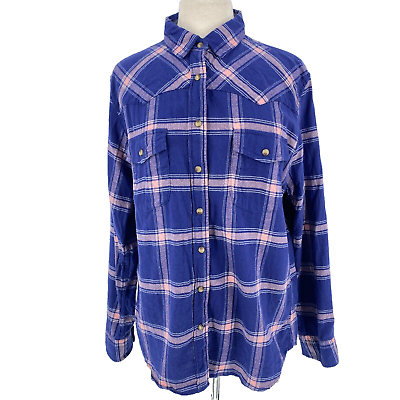 #ad Jachs Girlfriend Shirt Women Blue Plaid Pearl Snap Flannel Comfort Stretch Large $17.97