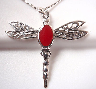 #ad Red Coral Dragonfly Filigree 925 Sterling Silver Pendant Corona Sun Jewelry $26.99