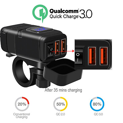 #ad Motorcycle Car Phone Quick Charger 12V Dual USB QC 3.0 Digital LED Voltmeter USB $25.99