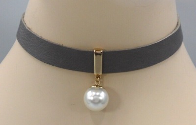 #ad Georgian Revival Choker Necklace Faux Pearl Drop Putty Colored Leather Bella Vtg $8.00