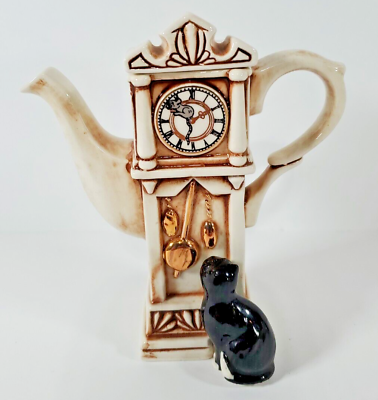 #ad Cardew Design Teapot Grandfather Clock With Black Cat and Mouse Rare 5.25quot;T $44.83