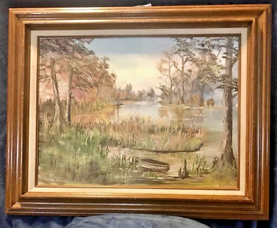 #ad VTG 1988 Swamp Art Framed Painting on canvas Hand Painted V. Hinson #22 $84.60