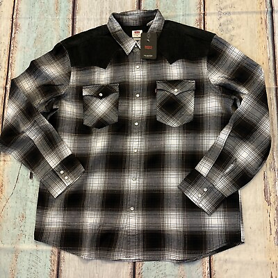 #ad New Levi#x27;s Mens Classic Western Pearl Snap Flannel Shirt Harvey Plaid Brown XL $30.00