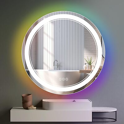 #ad 28 Inch LED Round Bathroom Mirror Frontlight Mirror and RGB Backlight Vanity ... $308.26