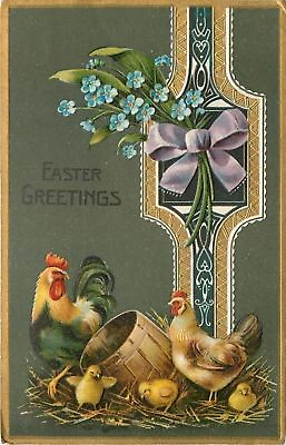 #ad Easter Rooster Hen amp; Happy Chicks Hunter Green Gold Band Art Nouveau Germany $6.00