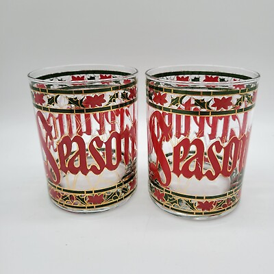 #ad Vintage Seasons Greetings Stained Glass Pattern Christmas Glasses Set Of Two MCM $15.00