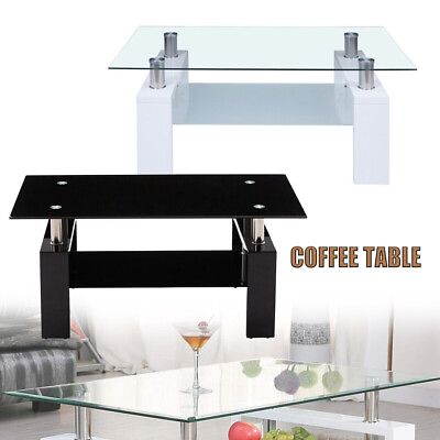 #ad 37quot; Modern Coffee Table 2 Layer Detachable Tempered Glass Top Shelf Wood Frame $88.97