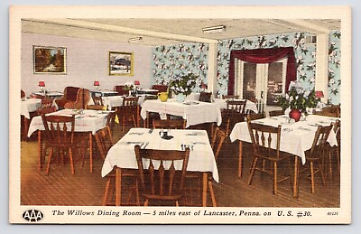 #ad c1940s Lancaster Pennsylvania PA Willows Restaurant Dining Room VTG Postcard $6.95