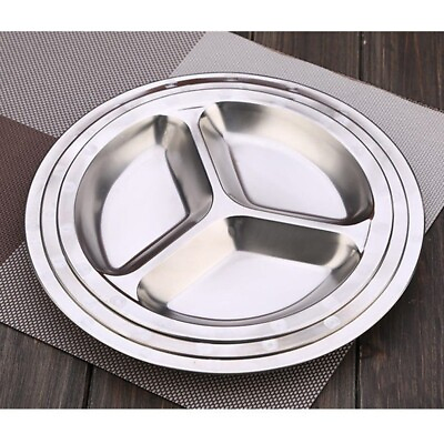 #ad 1 X 22cm 26cm Stainless Steel 3 Sections Round Divided Dish Snack Dinner Plate $15.46