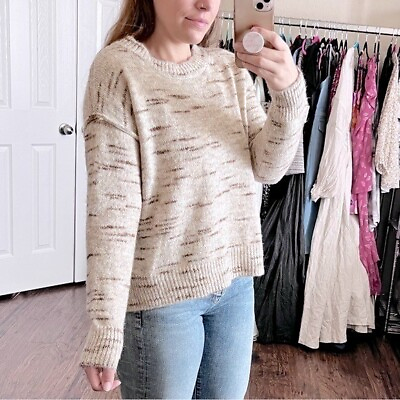 #ad Max Studio Cream Brown Melange Sweater Oversized Round Neck Pullover Women Small $16.89
