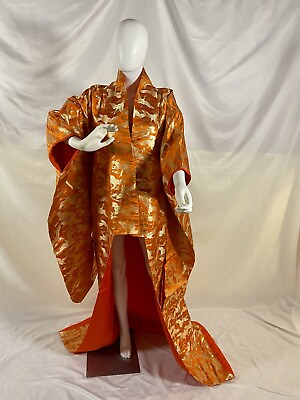 #ad Vintage 1960#x27;s Wedding Kimono Uchikake Orange Gold Crane Motif w Padded Hem $300.00
