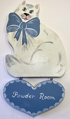 #ad Powder Room Wood Cat Sign Wall Decor Vintage Country Blue Heart Bathroom $12.95