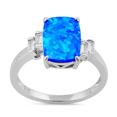 #ad Blue Size 10 Opal Baguette Cut Ring Solid 925 Sterling Silver with Ring Case $25.94