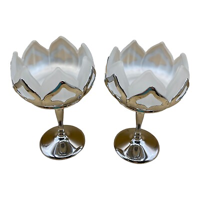 #ad Chrome Farber Bros Pair Frosted Glass Lotus Compote Art Deco Westmoreland 6.5quot; $31.49