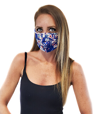 #ad Blue Flower Print Face Mask Made in USA Double Layer Washable Filter Pocket $8.95