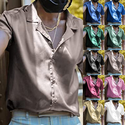 #ad Mens Satin Shiny Dress Shirt Short Sleeve Casual Loose Party Shirts Disco Club $12.14