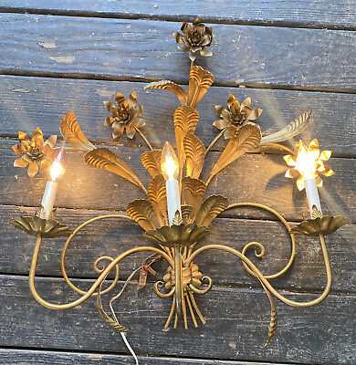 #ad Hollywood Regency Italian Tole Ware Gold Gilt Floral Wall Sconce Lamp LIght $200.00