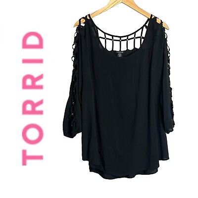 #ad Torrid Caged Studded Top Women Size 3X Lightweight 3 4 Sleeve Blouse Rayon Black $24.99