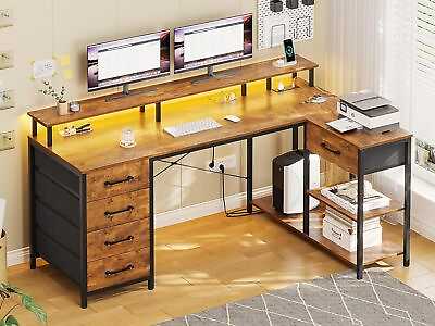 #ad LED Computer Desk L Shaped Gaming Desk with 5 Drawers Corner Home Office Desk $149.89