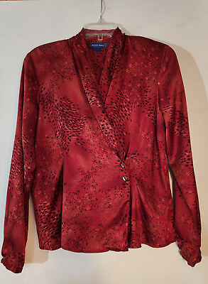 #ad Vintage Austin Reed Red Rust Floral Long Sleeve 100% Silk Blouse Women#x27;s Size 12 $24.99