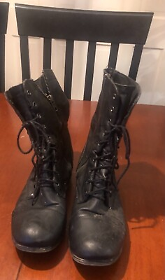 #ad Vtg Madison Girl Black Leather Zip Up Lace Up Calf length Goth Army Boots COOL $20.00