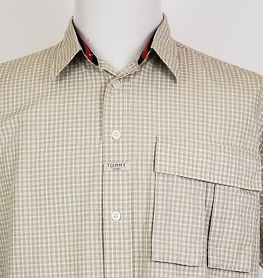 #ad Tommy Jeans Shirt Mens Size L Vintage Hilfiger Short Sleeve Tan White Check Logo $21.97