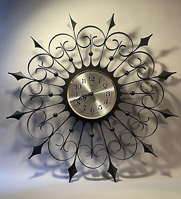 #ad Welby Mid Century Modern Wrought Iron Metal Vintage Starburst Clock Untested $100.00