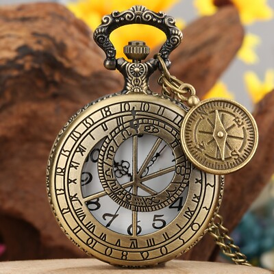 #ad Vintage Hollow out Compass Bronze Quartz Pocket Watch Pendant Gadget Chain Gifts GBP 4.59